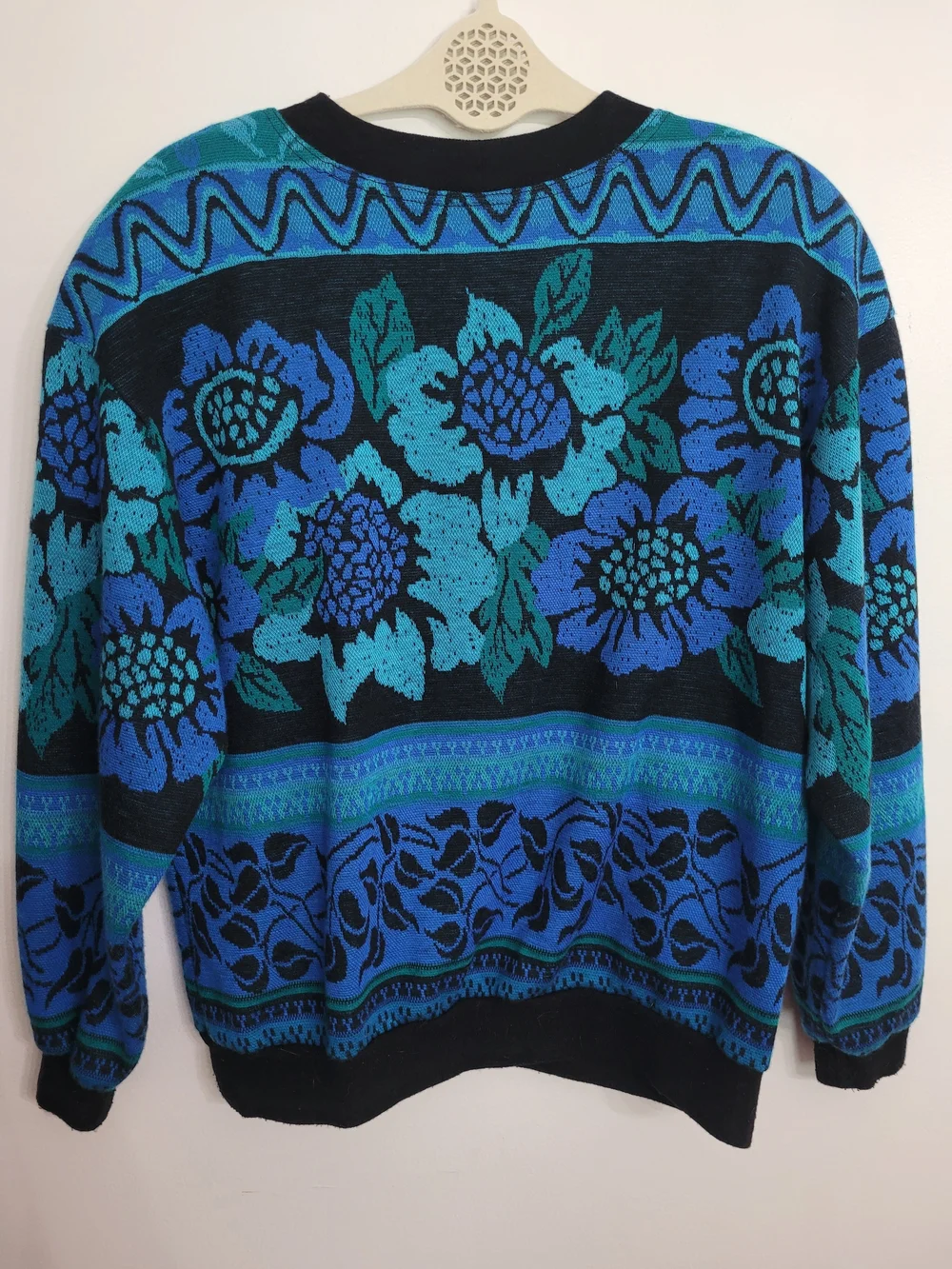 Vintage Top Notch Womens Floral Knit Crew Neck Sweater M Black Blue Teal